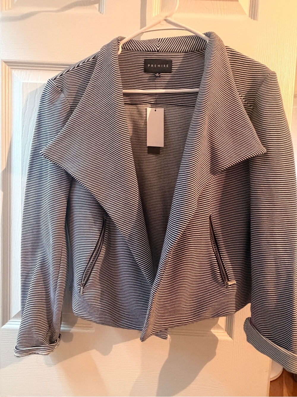 Premise Black & White Striped Open-Front Draped Jacket